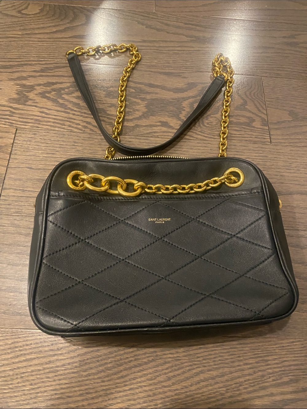Black Quilted Leather Shoulder Bag with Gold Chain Detail